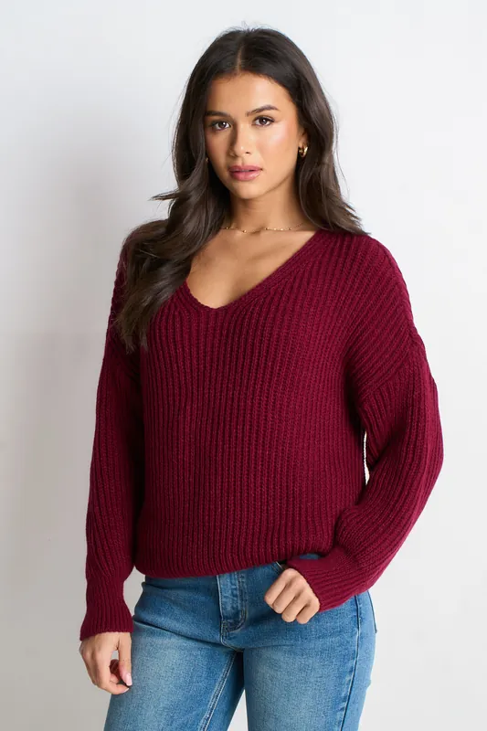 Burgundy Chunky Knit Oversized Jumper - Gini London