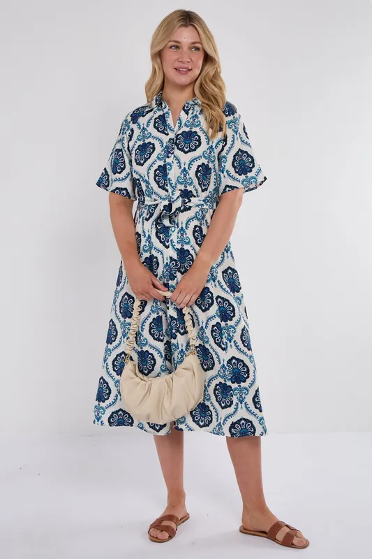 Navy Floral Tile Print Short Sleeve Midi Shirt Dress - Love Sunshine