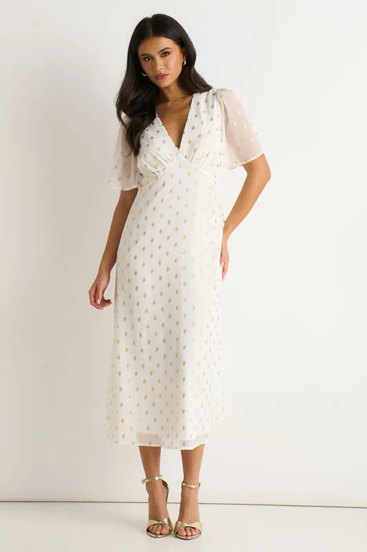 White V Neck Foil Midi Skater Dress - Gini London