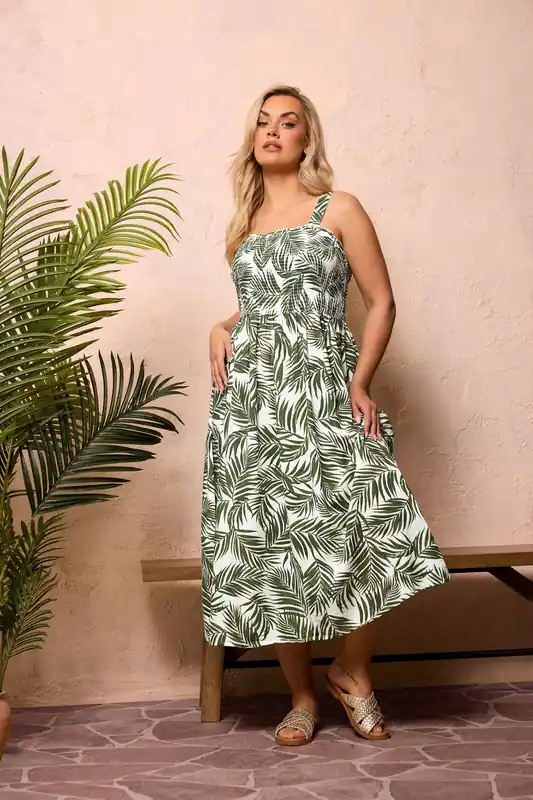 Palm Leaf Shirred Linen Maxi Dress - Yours