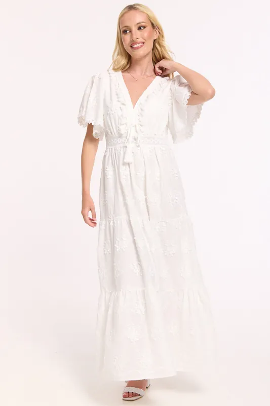 White Lace Trim Tiered Cotton Maxi Dress - Liquorish