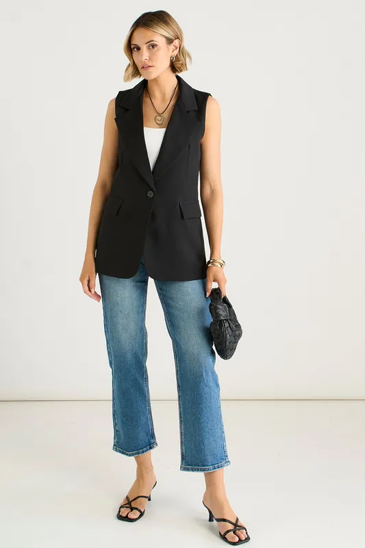 Black Tailored Contrast Lining Longline Waistcoat - Gini London