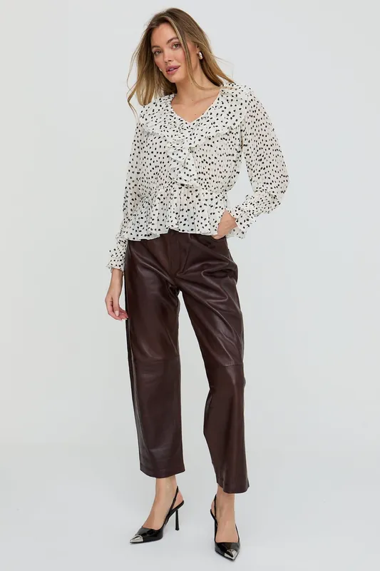 River All Over Pleats Polka Dot Print Blouse In White - Lily and Lionel