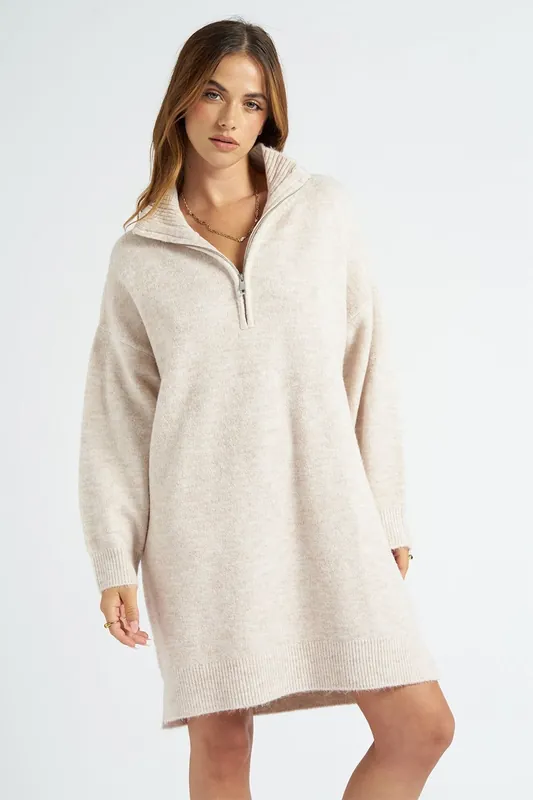 Oatmeal Plain Oversized Half Zip Dress - Urban Bliss