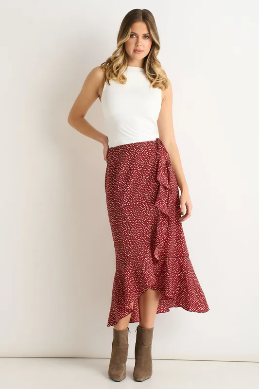 Red Polka Dot Ruffle Midi Skirt - Gini London