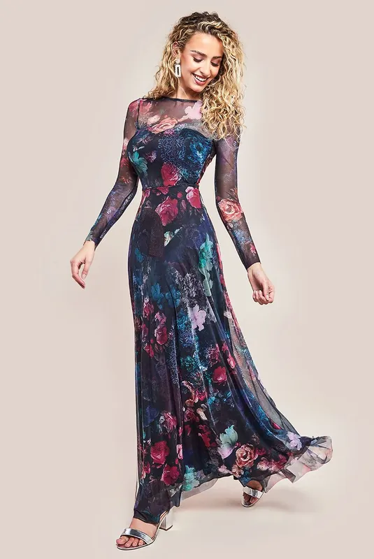 Printed Soft Mesh A Line Maxi Dress - Goddiva