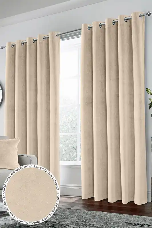 Velvet, Supersoft, 100% Blackout, Thermal Pair of Curtains with Eyelet Top - Cream