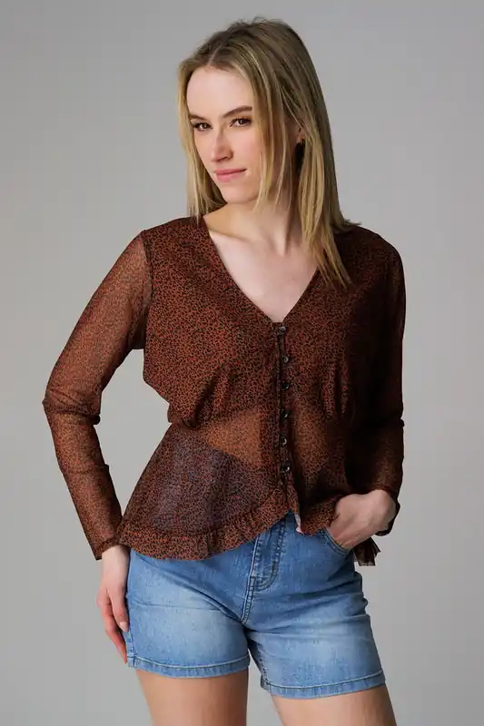 Animal Print Button Front Mesh Frill Top - Wednesday's Girl