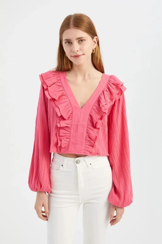 Solid V Neck Ruffled Long Sleeve Romantic Blouse - Hiccup