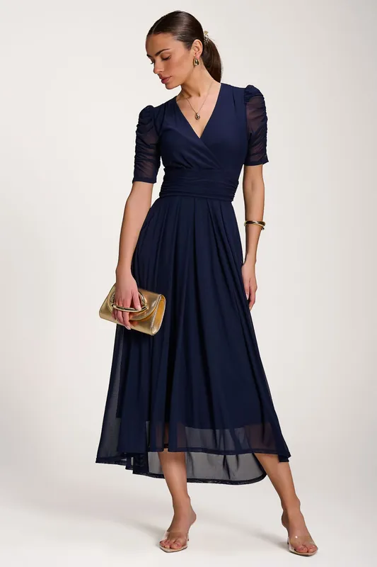 Mesh Ruched Sleeve Maxi Dress - Jolie Moi