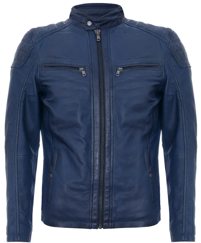 Navy Leather Vintage Quilted Racing Zipped Biker Jacket - Infinity Leather