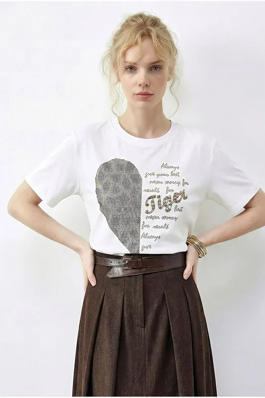 Crew Neck Sequin Text Print T-Shirt