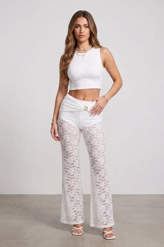 Lace Crop Top and Buckle Detail Flared Trouser Co-ord Set
