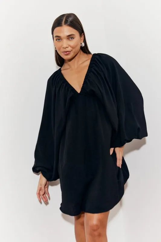 Black Balloon Sleeve Smock Mini Dress - In The Style