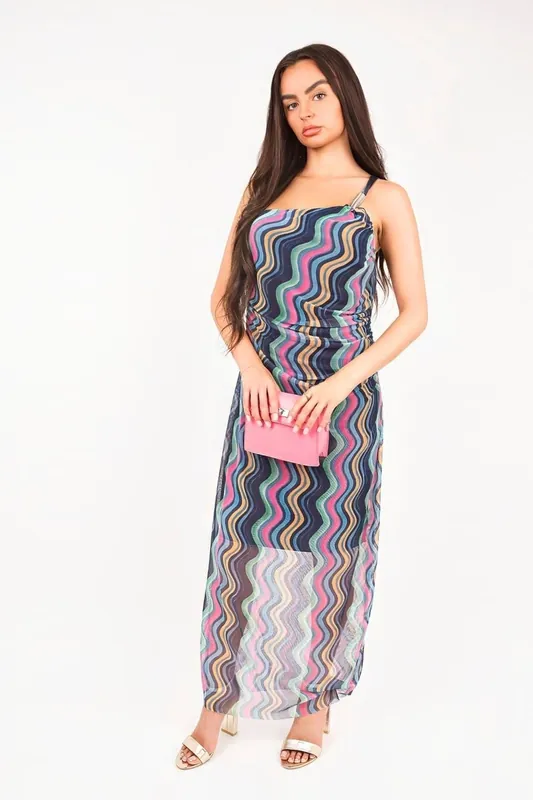 Jalia Wavy Print Ruched Mesh Strap Maxi Dress - IKRUSH