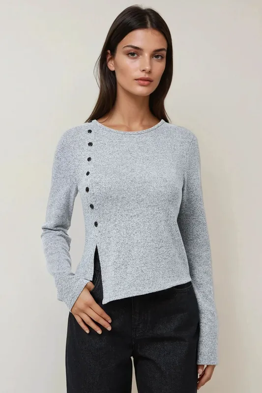 Textured Long Sleeve Buttoned Slim Fit Top - Hiccup