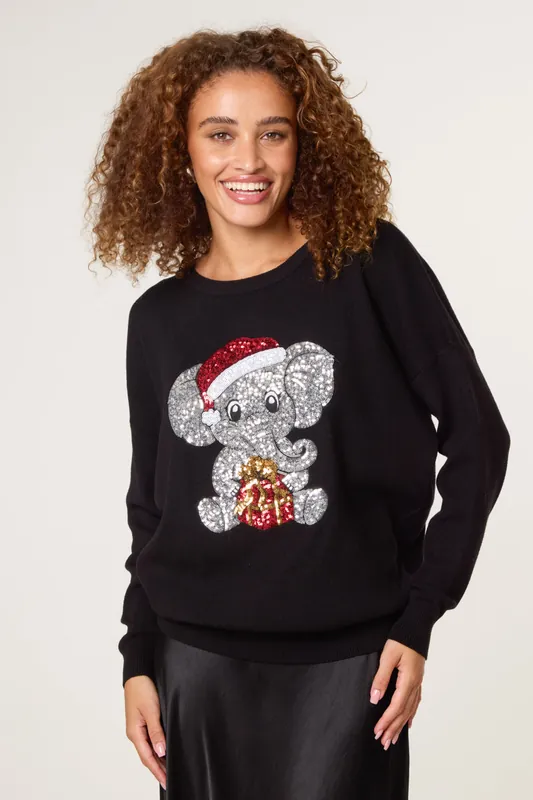 Black Christmas Sequin Elephant Jumper - Blue Vanilla