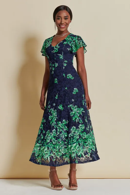 Lace Floral Print Fit & Flare Maxi Dress - Jolie Moi