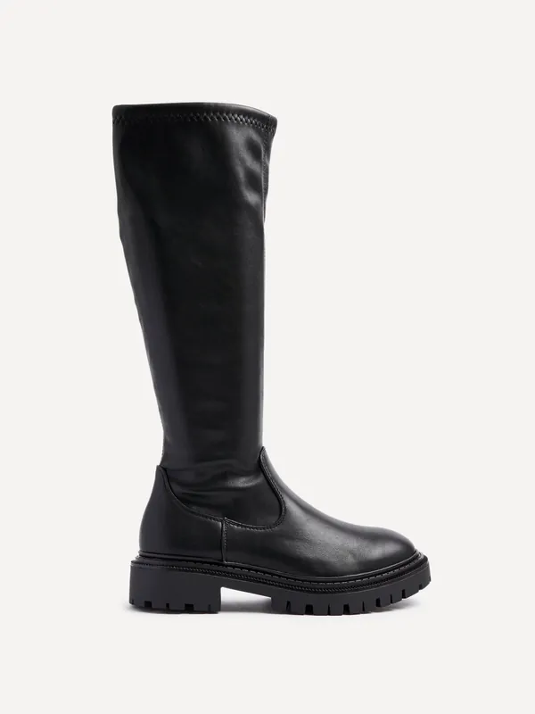Hallie Black Faux Leather High Leg Stretch Boot - Linzi