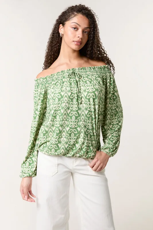 Khaki Bubble Hem Bardot Top - Blue Vanilla
