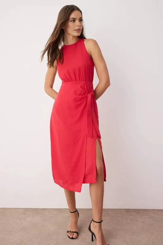 High Neck Midi Woven Dress With Tie Detail - WOVCOR