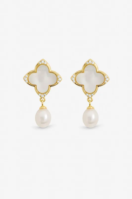 Gold Plated Mother of Pearl and Pearl Clover Earrings - Jon Richard