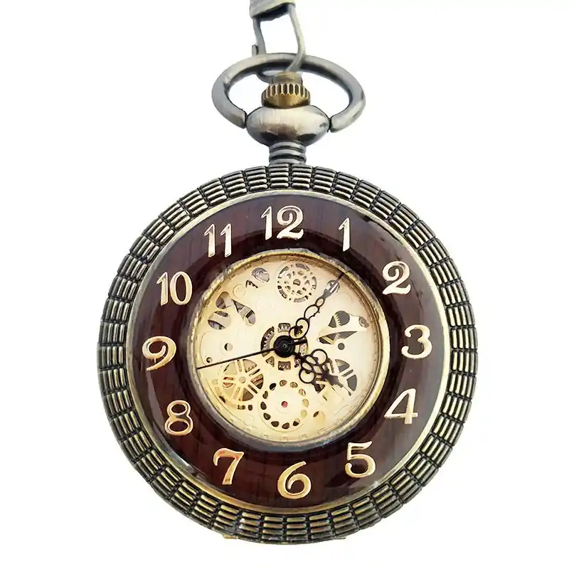 Antique Wooden Half-Hunter Skeleton Alloy Pocket Watch