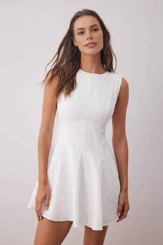 Broderie Anglaise Sleeveless Fit and Flare Mini Dress - WOVCOR