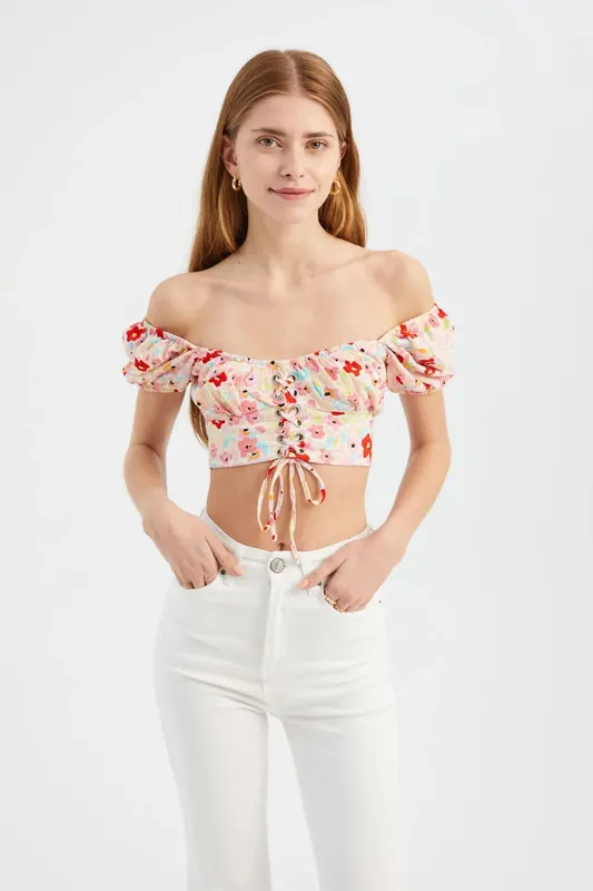 Floral Sweetheart Neck Crop Top with a Puff Sleeve - Hiccup