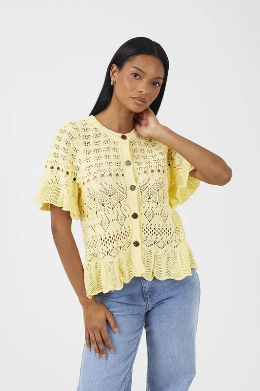 Short Sleeve Pointelle Knit Cardigan With Frill Hem - Brave Soul
