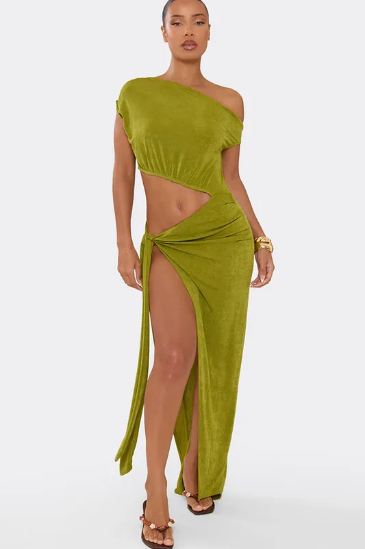 Long Sleeve Tie Off The Shoulder Cut Out Maxi Dress - EGO