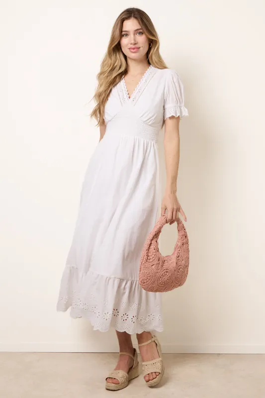 Ivory Embroidery Detail V-Neck Dress