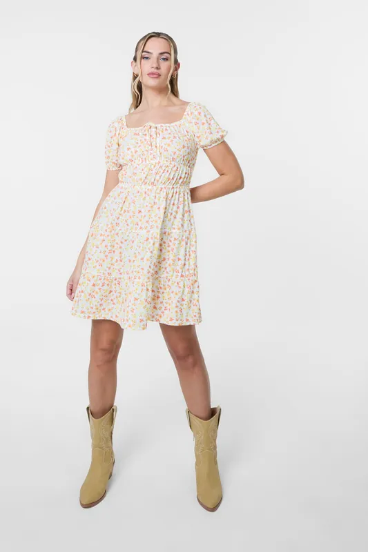 Orange Ditsy Puff Sleeve Tiered Mini Dress - Pink Vanilla