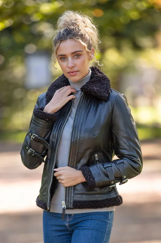 2419' Ladies Leather Aviator Jacket with Faux Fur Lining - Ashwood Leather