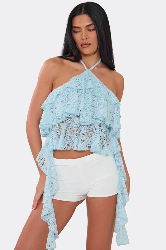 Sleeveless Halter Neck Tiered Lace Top - EGO