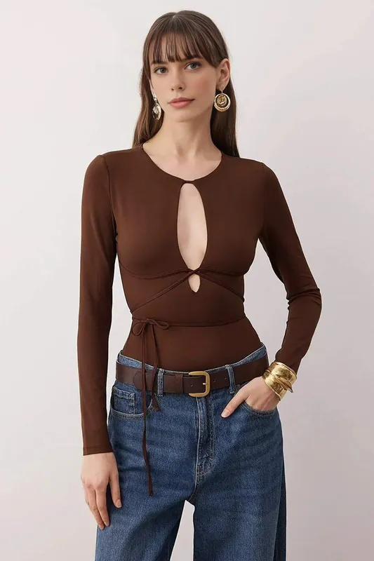 Cut Out Tie Front Long Sleeve Bodysuit - WOVCOR