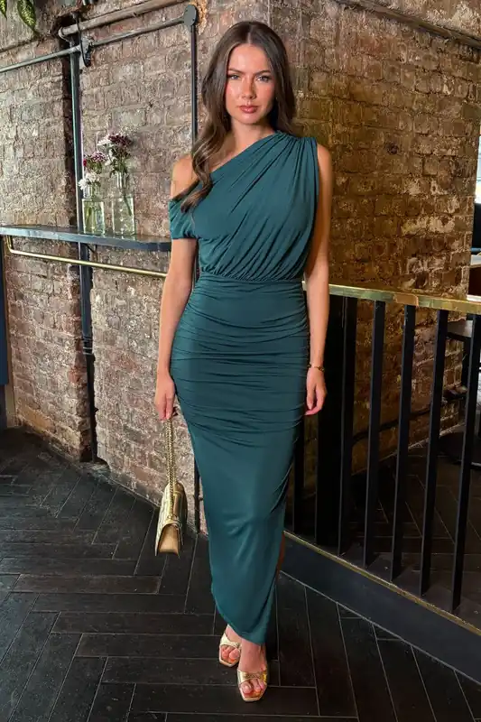 Teal Off The Shoulder Draped Top Midi Dress - AX Paris