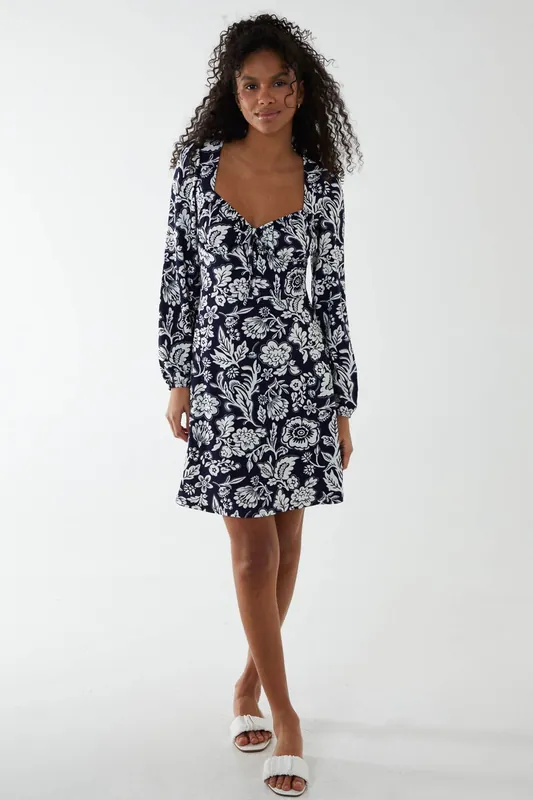 Neck Shirred Midi Tiered Dress - Blue Vanilla
