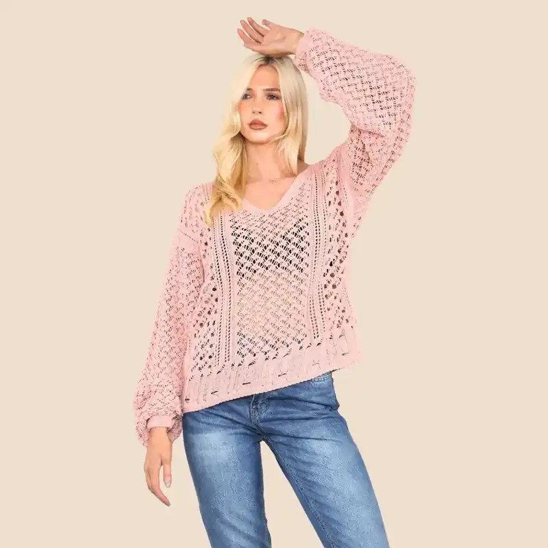 Pink Jumper Open Crochet Hole Knit - ELAINA FASHION