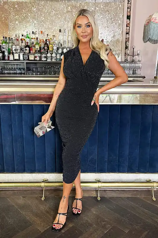 Black Sparkle Wrap Top Ruched Skirt Midi Dress - AX Paris