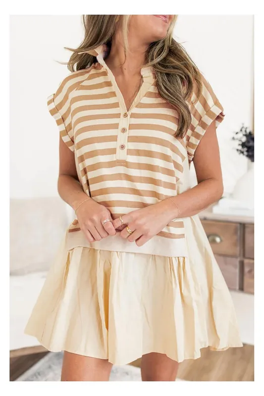 Khaki Stripe Two-in-one Collared Cap Sleeve Patchwork Loose Mini Dress
