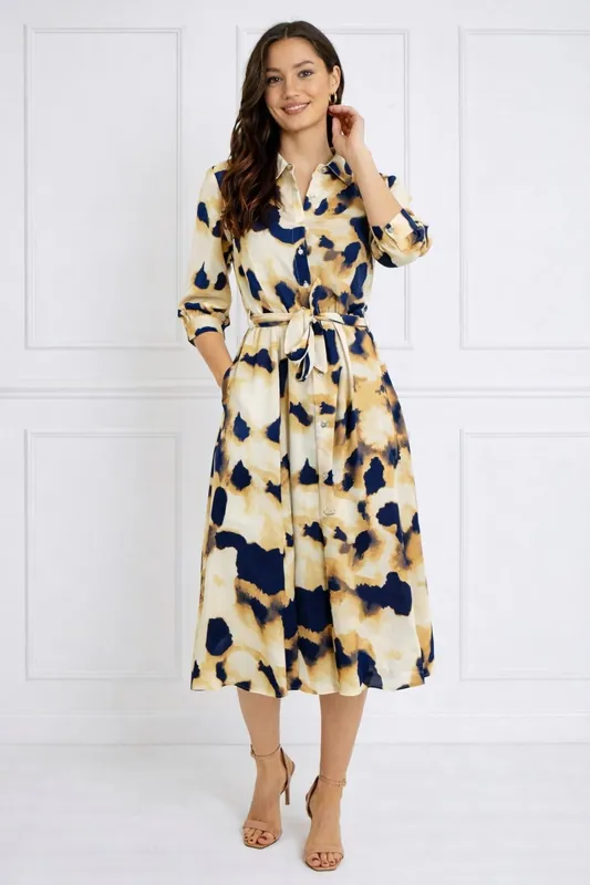 Ink Wash Print Belted Midi Shirt Dress - Love Sunshine