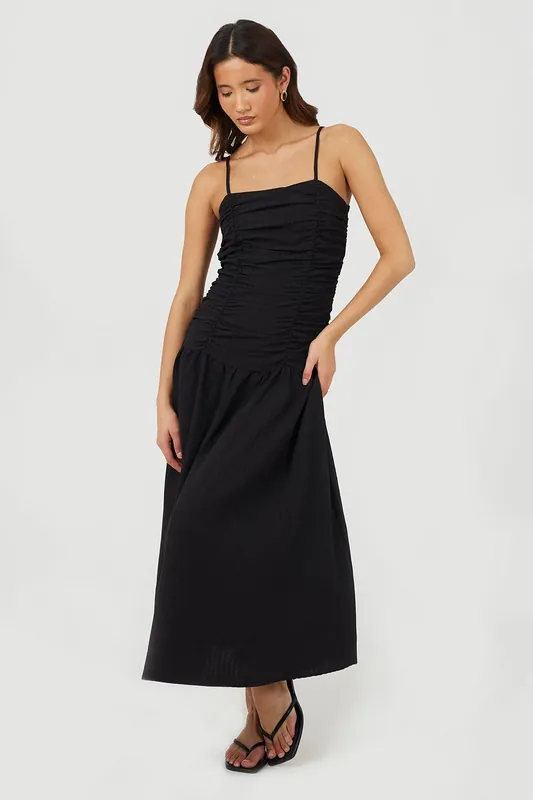 Strappy A-Line Maxi Dress With Gathered Bodice