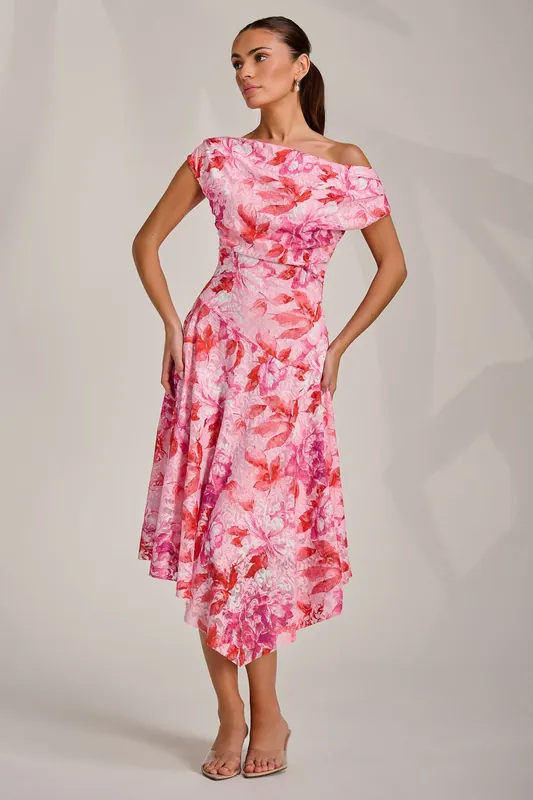 Asymmetric Printed Lace Draped Dress - Jolie Moi