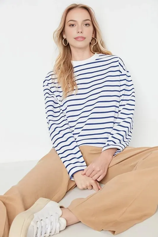 Striped Crew Neck Cotton Sweatshirt - WOVCOR