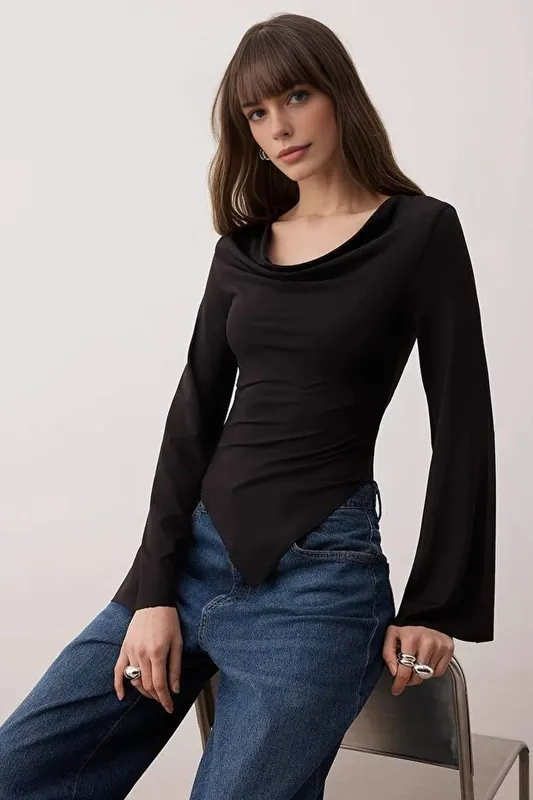 Asymmetric Fitted Knit Blouse with Drape Neckline - WOVCOR