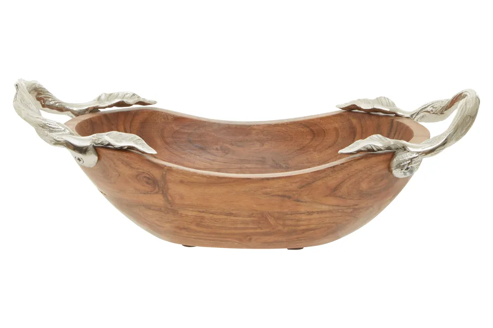 Small Oval Acacia Wooden Bowl With Leaf Handles, Handcrafted Wooden Bowl For Fruit, Decorative Tabletop Bowl - Orsina