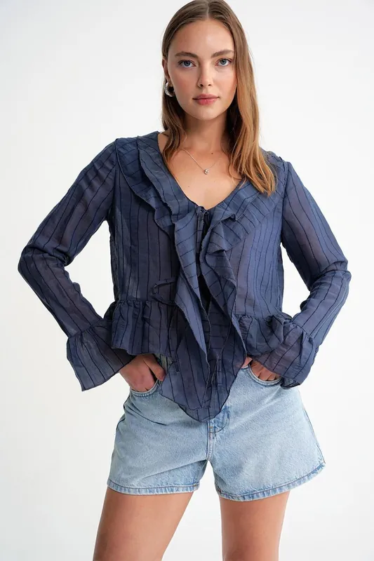 Frilly V-neck Striped Blouse with Tie Closure