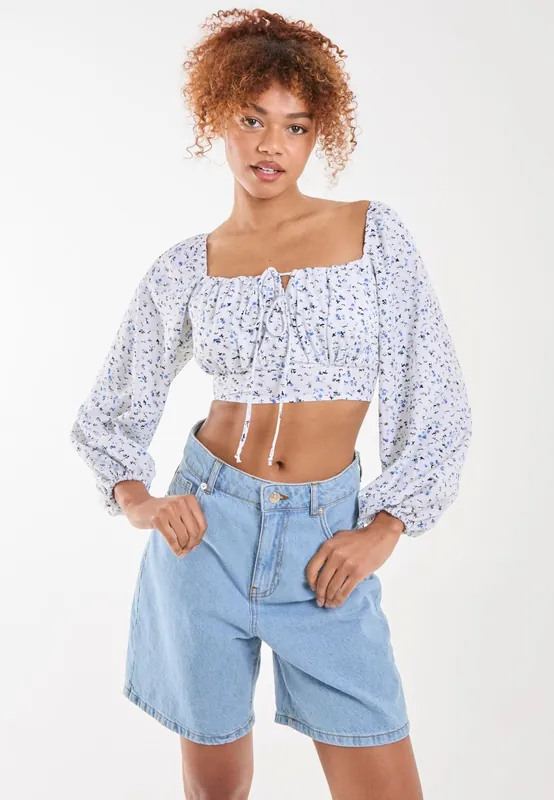 Long Sleeve Cropped Milkmaid Top - Pink Vanilla