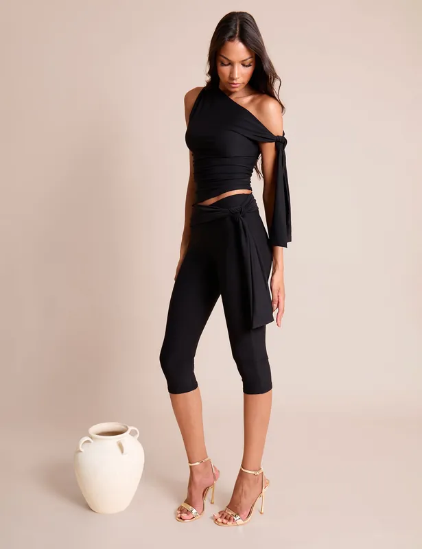 Knot Detail Tie Side Luxe Slinky Capri Pants Black - Public Desire